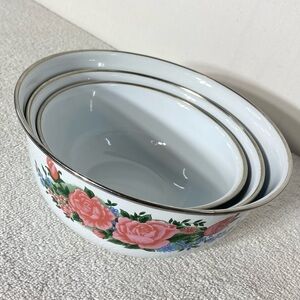 Vintage Enamelware Pink Roses Nesting Mixing Bowls x3 Cottagecore Countrycore